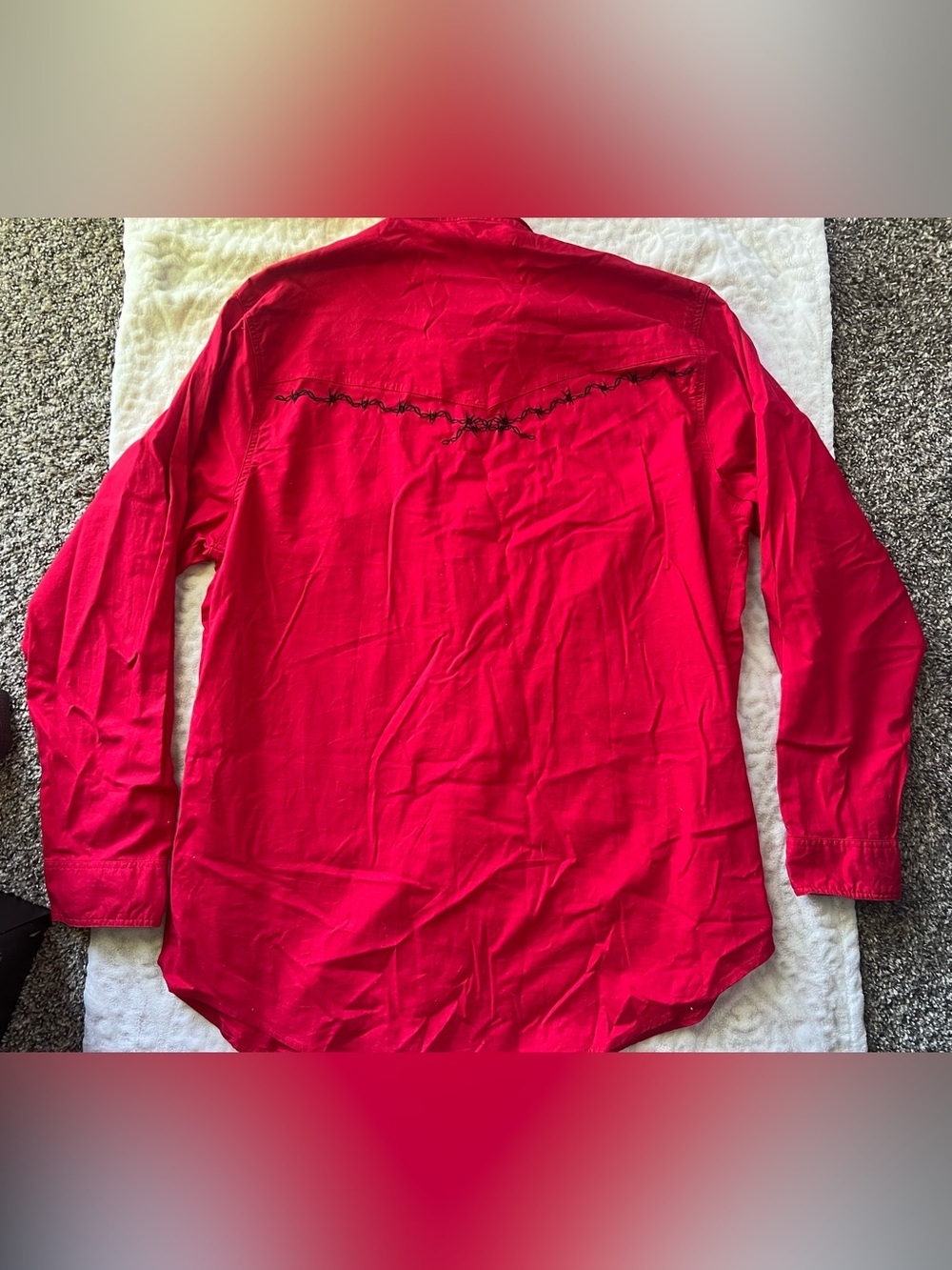 Men’s Red Western Button-Up Shirt with Black Barbed Wire Embroidery | Size XL - Picture 9 of 10